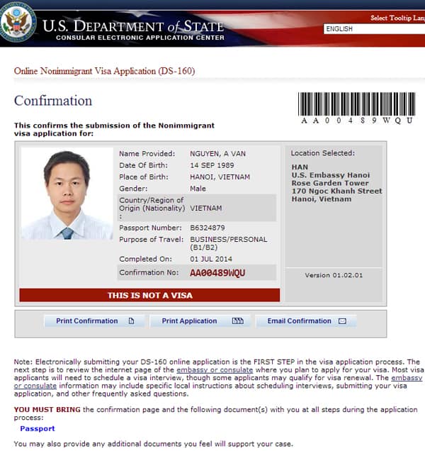 Mẫu đơn DS- 160 để xin visa công tác Mỹ